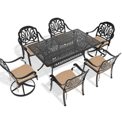 7 ensembles de salle à manger d'extérieur en fonte d'aluminium, 2 chaises pivotantes, 4 tables rectangulaires, noir, fonctionnalité compacte, 6 sièges de patio, performance d'isolation