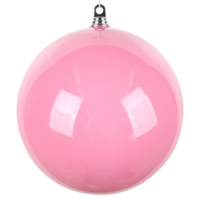  12" Hot Pink High-Gloss Ball Ornament. This round ornament radiates with a brilliant gloss, bringing a touch of sophistication to any holiday decor. Green wire is attached for easy decorating. Made with shatterproof plastic.