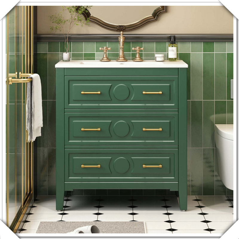 Meuble-lavabo simple autoportant en bois massif avec tiroirs en céramique, Vert