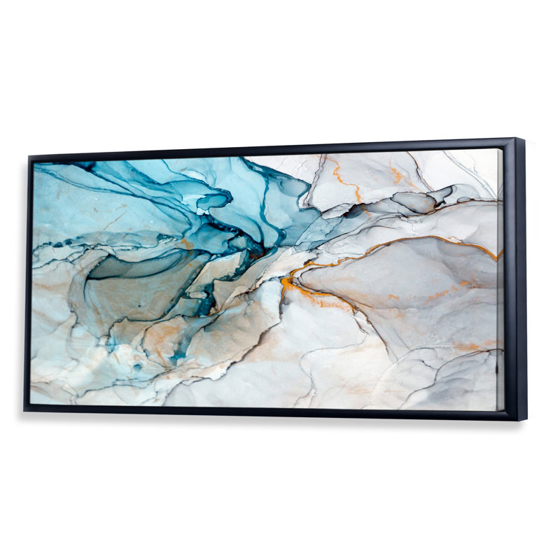 Luxry Blue and Grey Marble Art Ripples - impression sur toile, H 28 po x l 60 po, Reproduction avec cadre flottant, Noir