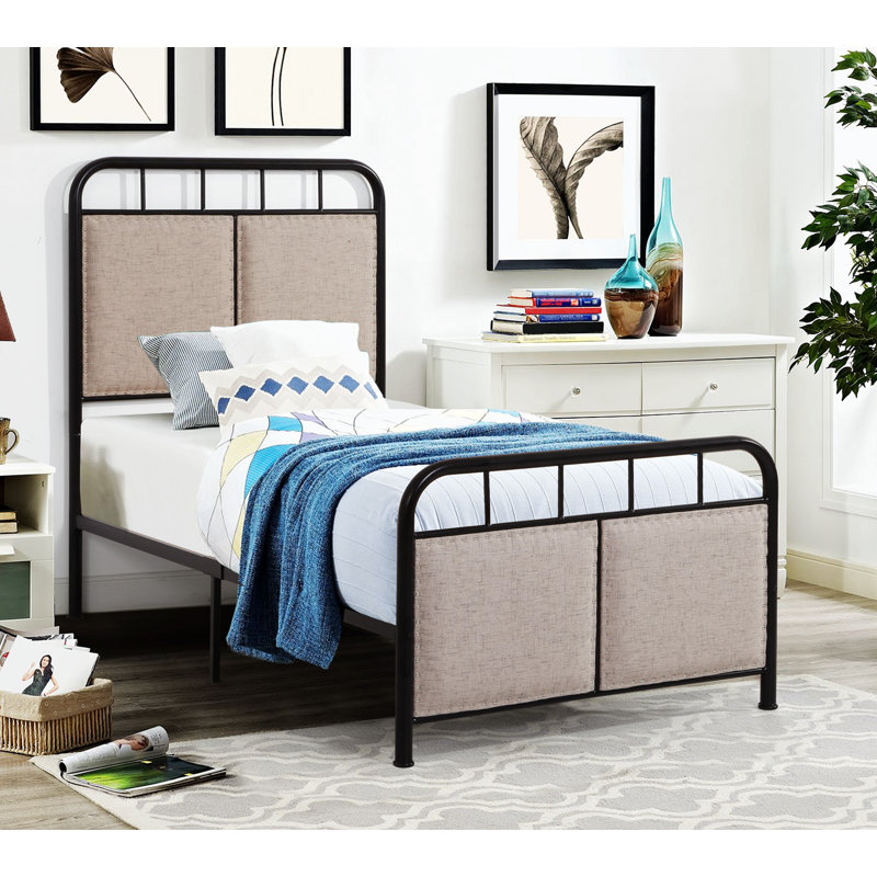 Twin Size Linen Upholstered Platform Metal Bed Frame