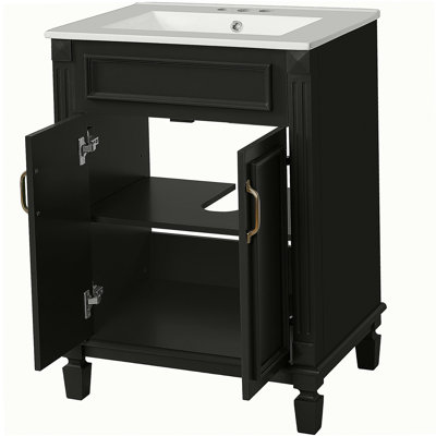 Meuble-lavabo 24 po avec lavabo supérieur, armoire de rangement moderne avec 2 portes à fermeture douce et tablette réglable, structure en bois massif