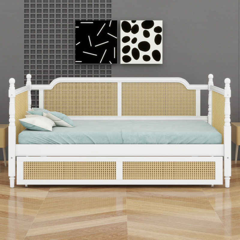 Traditional Rattan Daybed with Storage Drawers, Antique White