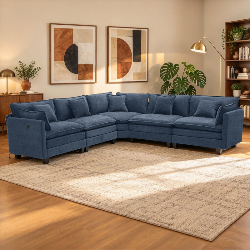 Canapé modulaire en forme de V de 112 po avec port de chargement USB et sièges profonds 112 po, Chenille bleu