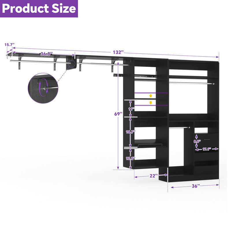 Système d'organisation 58,4 "à 132" avec tablettes réglables et tiroirs, 2 tringles