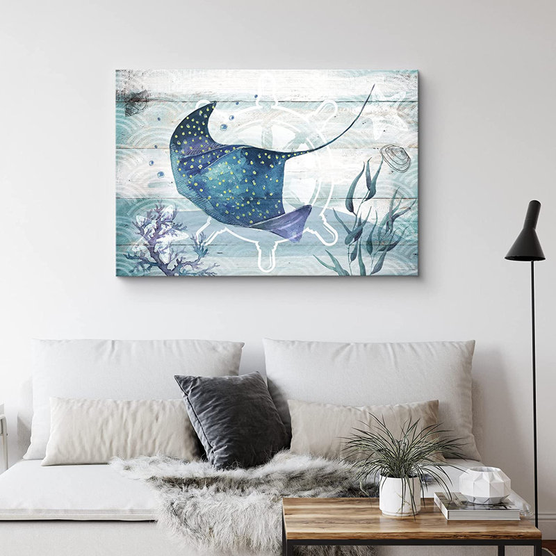 Marine Animal " Stingray Under The Sea With Starfish Amphibians Beach ", 12" H x 18" W x 1.5" D