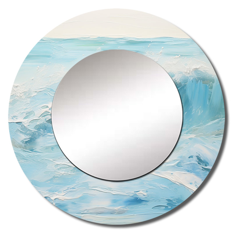 Bleu et blanc Simplicity Beach - miroir décoratif vagues, miroir mural rond côtier, impression d'art en métal, 23 po x 23 po