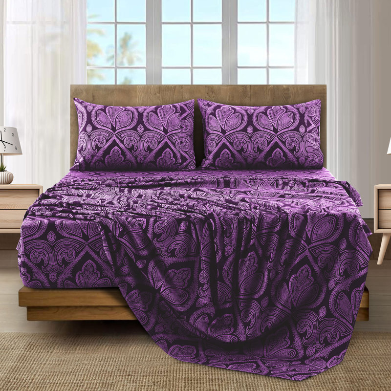 Lux Decor Paisley Breathable Hotel Style Soft Microfiber Sheet Set, Queen Sheet Set + 1 Fitted Sheet + 4 Pillowcases, Purple