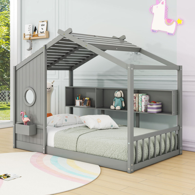 Lit en bois en forme de maison avec tablettes et lattes de rangement intégrées, Gris, Simple