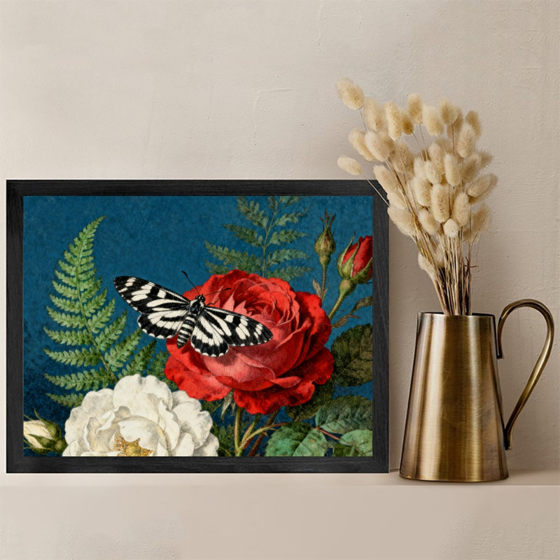 Reproduction d'art encadré noir avec papillons et fleurs rétro de style rétro, H 25 po x l 37 po