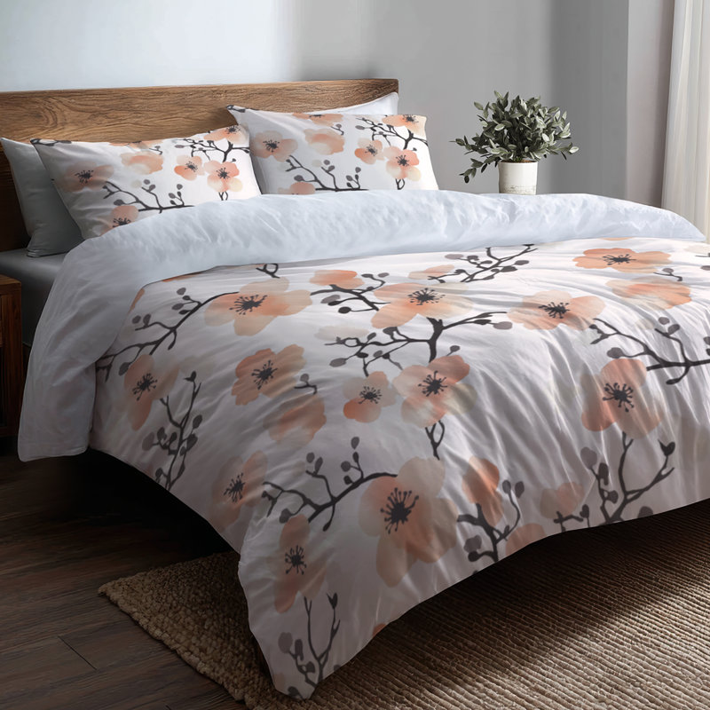 Ensemble de literie à motif floral 4 pièces - Ensemble d'édredon moderne pêche Wabi Bloom