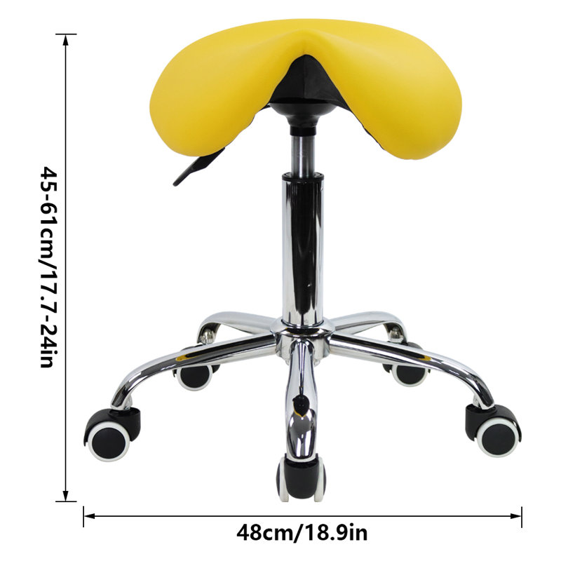 Yellow PU Leather Adjustable Swivel Saddle Stool with Wheels
