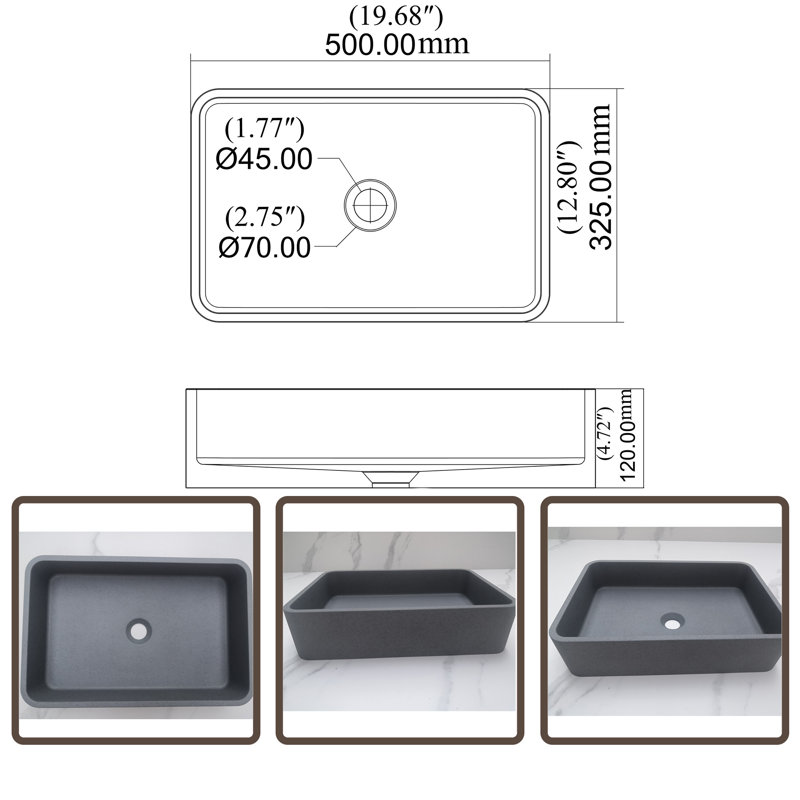 MONSFEST 12.8'' Concrete Rectangular Bathroom Sink