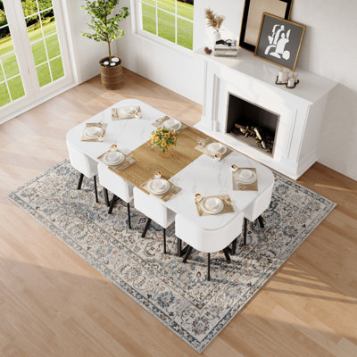 9-Piece Square Dining Table Set, Fixed White Faux Marble & Wood Grain Triamine Tabletop With 8 White Faux Leather Chairs, Modern Kitchen Table Set For 8 People, Ideal For Family Gatherings