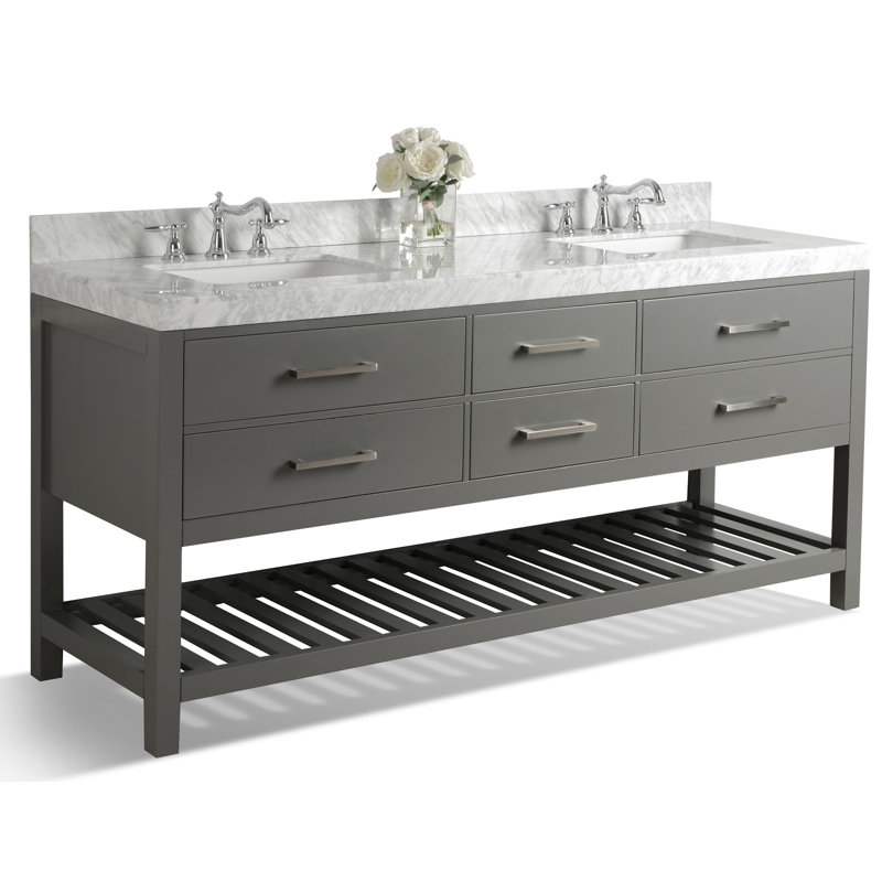 Elizabeth 72" Double Bathroom Vanity Set with Mirror, Carrara White, Nickel, Sapphire Gray