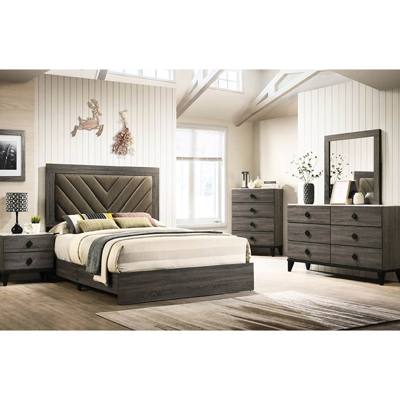 Grand lit rustique en chêne gris foncé rustique, revêtement en tissu, assemblage requis