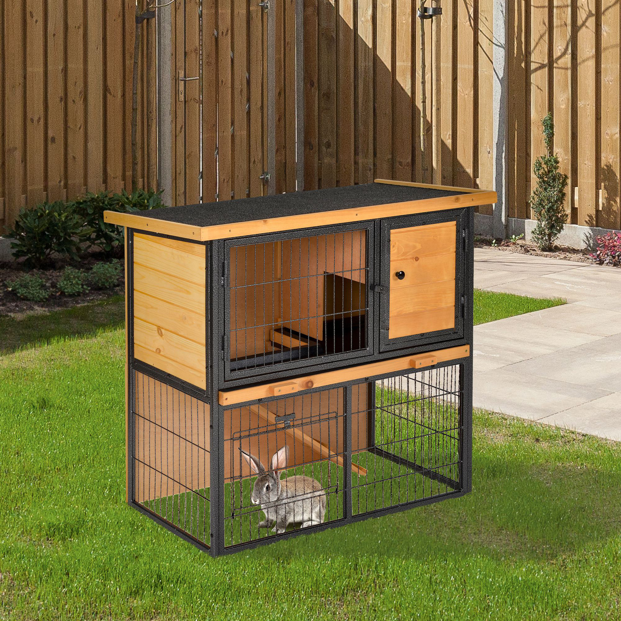 Pawhut Portable Rabbit Cage With Openable Roof Ramp And Removable Tray  Black
