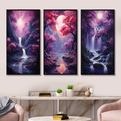 Surréalisme prune cosmique cascade - ensemble de 3 impressions sur toile surréalisme
