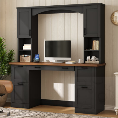 Bureau d'ordinateur arqué avec tablette, station de recharge, plateau pour clavier et tiroir