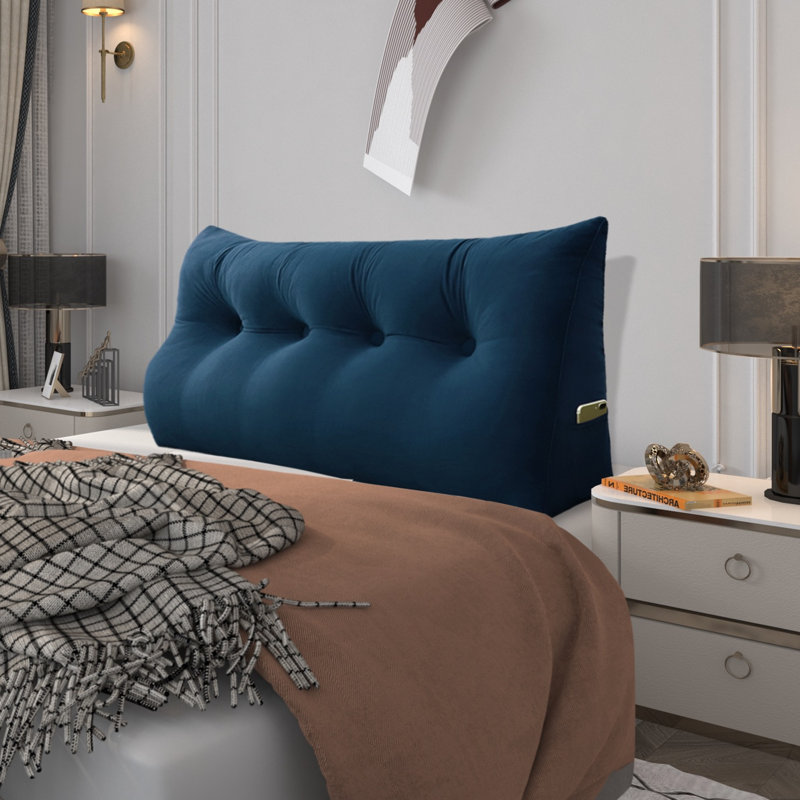 Coussin de lecture de tête de lit en velours de coton avec housse amovible et lavable, Lit double, Bleu