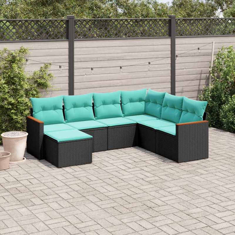  7 Piece Patio Sofa Set With Cushions Black Poly Rattan