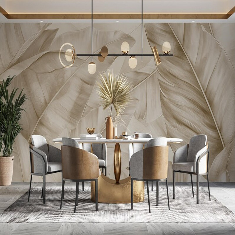 Murale beige feuilles de bananier tropical, L 108 po x l 96 po