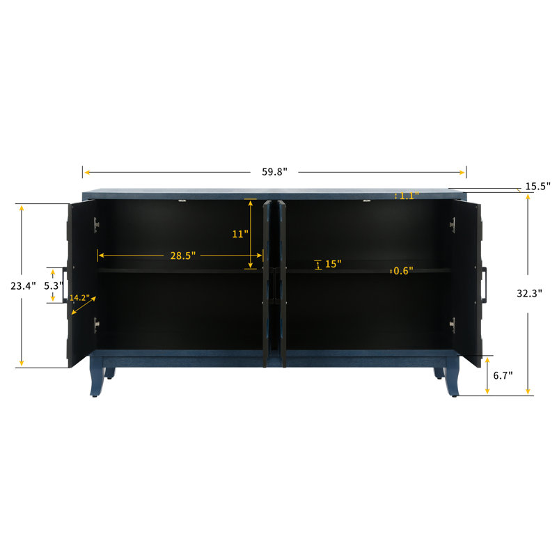 Buffet en bois 4 portes avec apparence laquée et portes de stabilité, Bleu marine antique