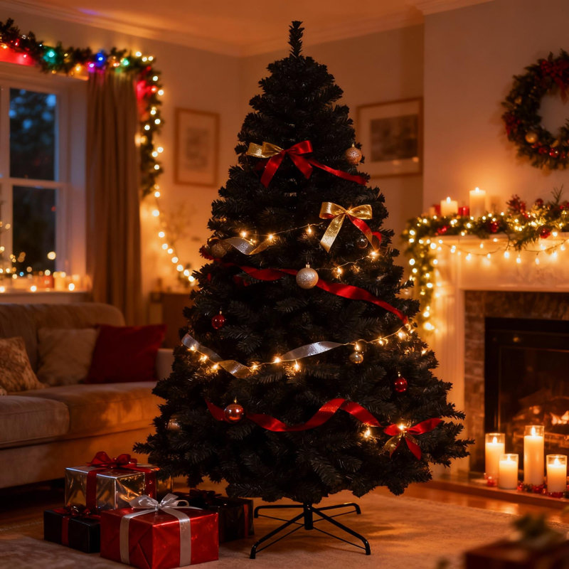 Black Alaskan Pine Christmas Tree - Full & Bushy Artificial Tree with Flame-Resistant PVC and Metal Stand, 7 ft.
