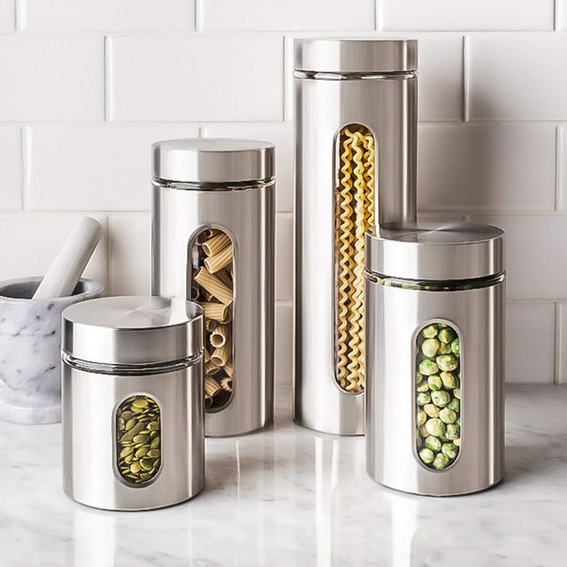 Ensemble de 4 pots en acier inoxydable pour comptoir de cuisine avec fenêtre en verre et couvercles hermétiques, contenants de rangement des aliments, ensemble de rangement pour garde-manger et d'organisation