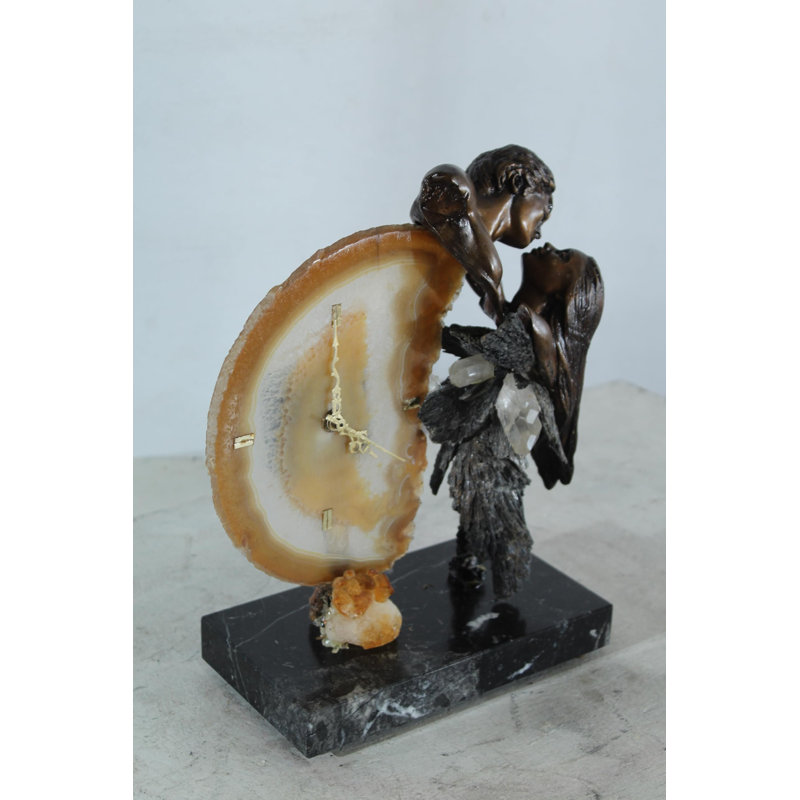  Angel Clock Sculpture with Agate Bronze Art by Vidal Spain 10"x5"x12"H
