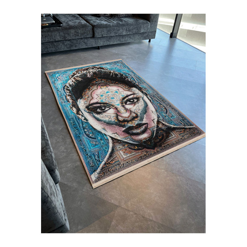 Tapis bleu lavable à motif abstrait bleu, Tapis de couloir 2 pi 6 po x 9 pi 10 po inclus