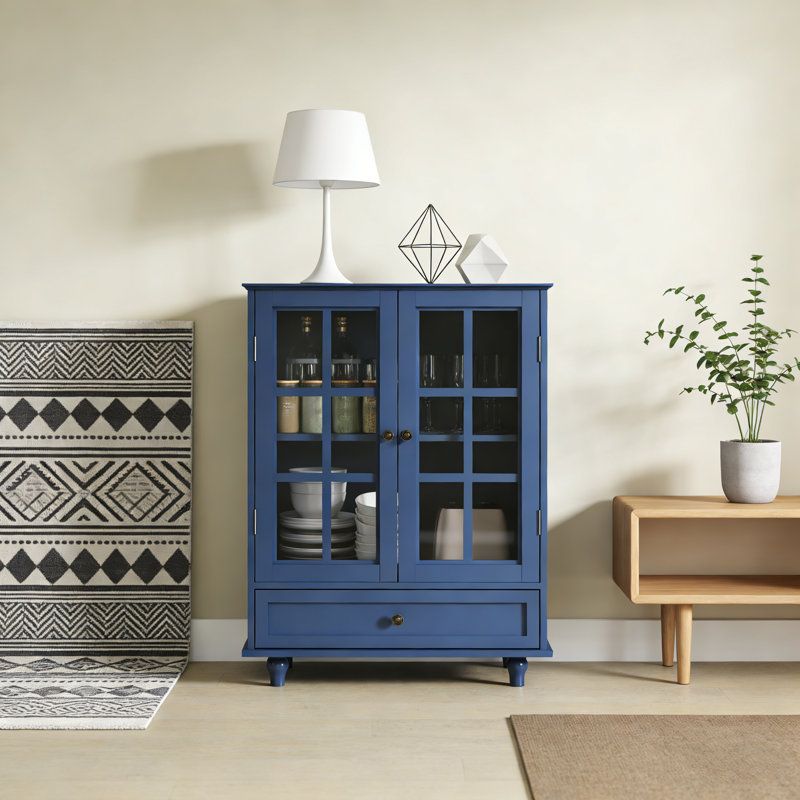 Vintage Blue Minimalist Buffet Cabinet, Modern Wooden Sideboard Storage With Double Glass Doors & Drawer, Blue