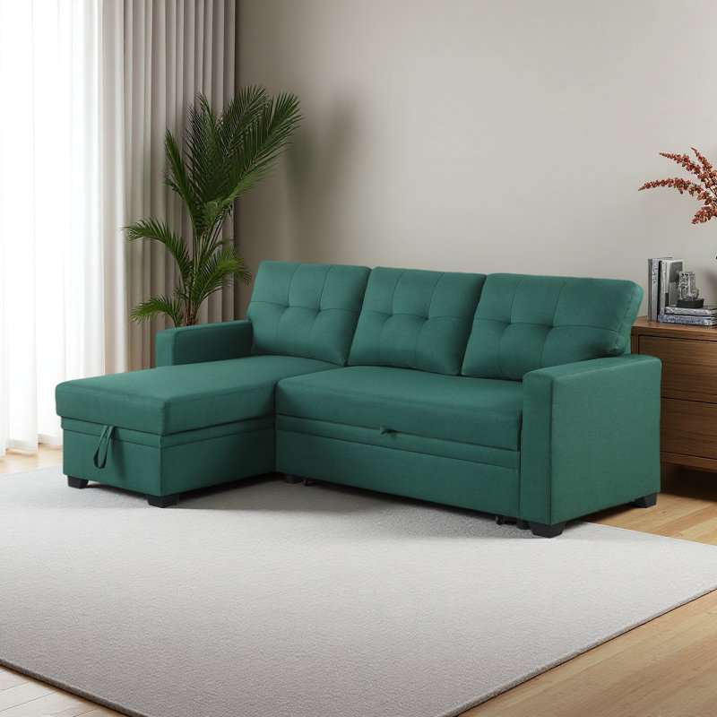 Convertible Upholstered Sectional Sofa With Pull-Out Chaise, Green