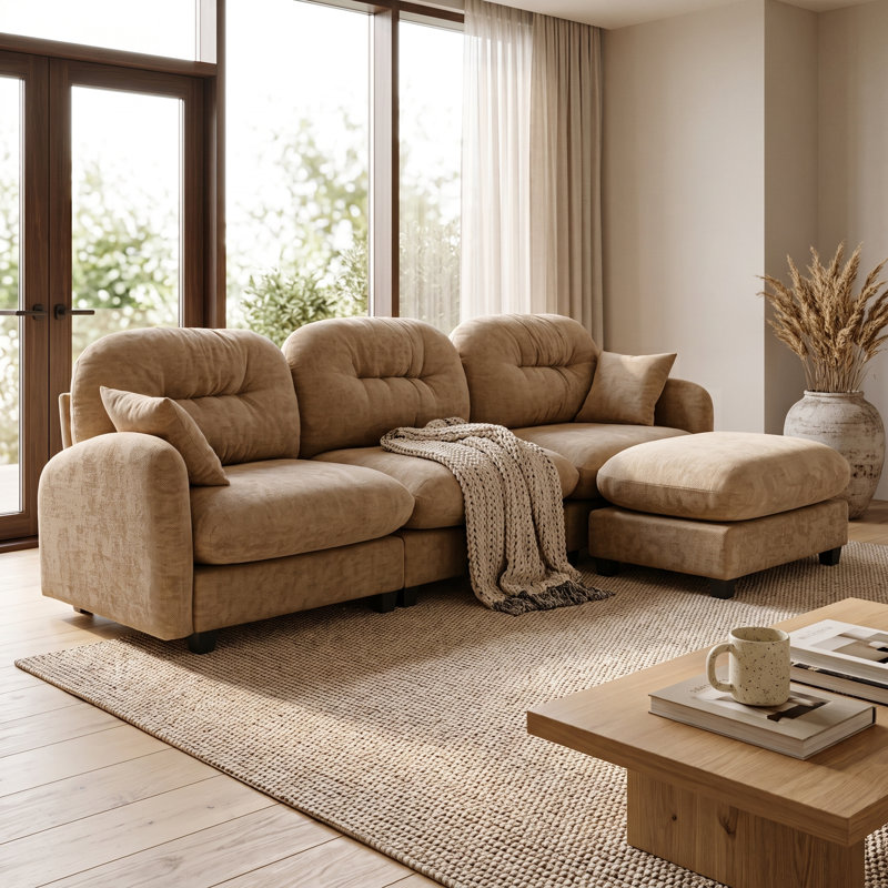 Canapé d'angle minimaliste en chenille plissée avec pouf, 3 places, couleur camel, 3 sièges + 1 repose-pieds