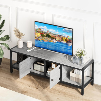 Meuble télé en bois d'ingénierie pour téléviseur de 65 po ou moins, l 58 po x H 18,5 po x P 15,7 po, 2 tiroirs et tablettes ouvertes, pieds anti-basculement et réglables, facile à assembler pour le salon, gris