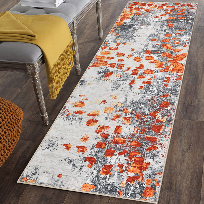 Tapis moderne et coloré abstrait, tapis lavable pour chambre à coucher et salon, Orange, Runner 2' x 6'