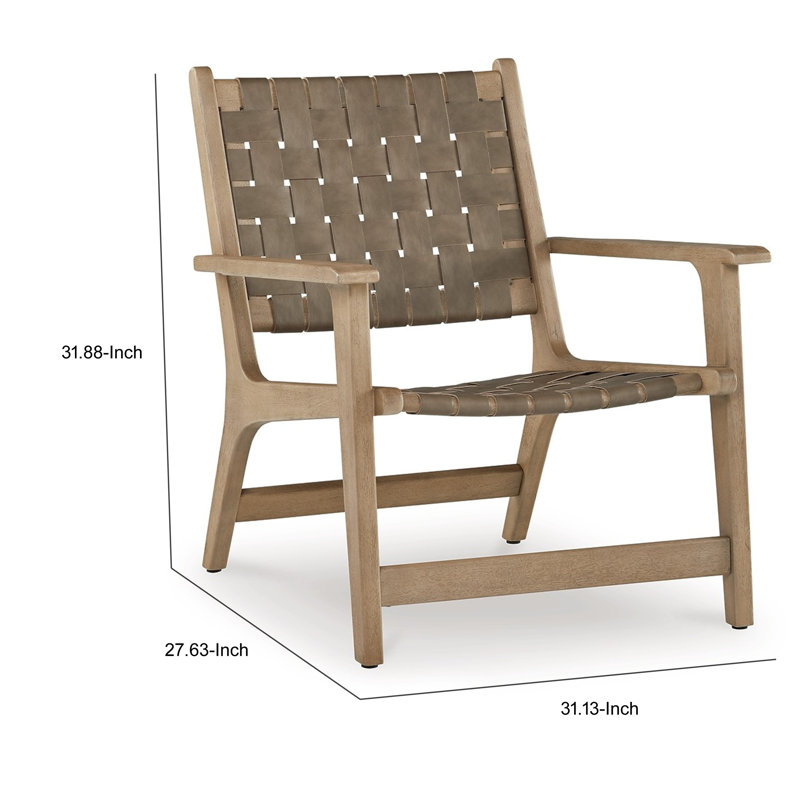 Fauteuil d'appoint tissé, bandes de similicuir taupe, motif natté, brun