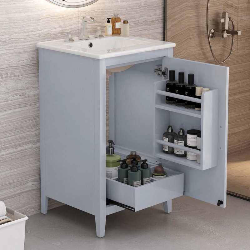 Meuble-lavabo de 20,3 po avec lavabo, tiroir fonctionnel, tablette de porte, porte à fermeture en douceur, Gris