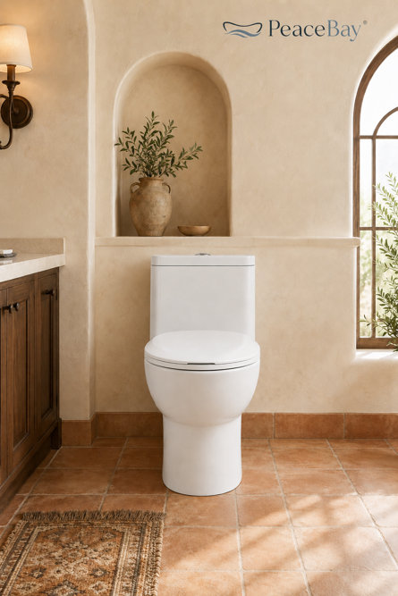White one-piece toilet centered in a Mediterranean-style bathroom with terracotta tile floors and arched wall niche, featuring the PeaceBay brand logo in the upper right.