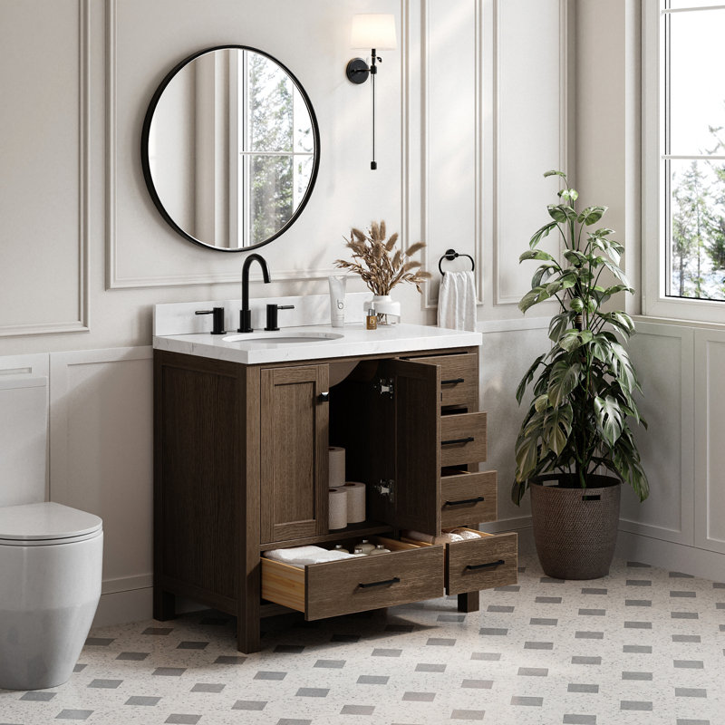 Amariani 36'' Single Bathroom Vanity with Quartz Top, Brown Oak, Oval, Left
