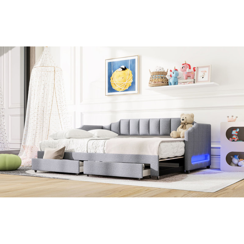 Twin Xl To King Upholstered Daybed With Led And Two Storage Drawers, Gray, For Flexible Living Spaces Gray Extendable Comfort - Oriented