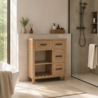 Meuble-lavabo de 76 cm avec lavabo en SMC, 2 tiroirs, étagères réglables, tablette creuse aérée, pieds en bois massif, poignées noires mates, bois naturel