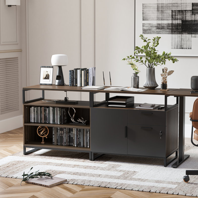 Normandie 66.1'' W Height Adjustable L-Shaped Standing Desk with and Cabinet, Black/Brown