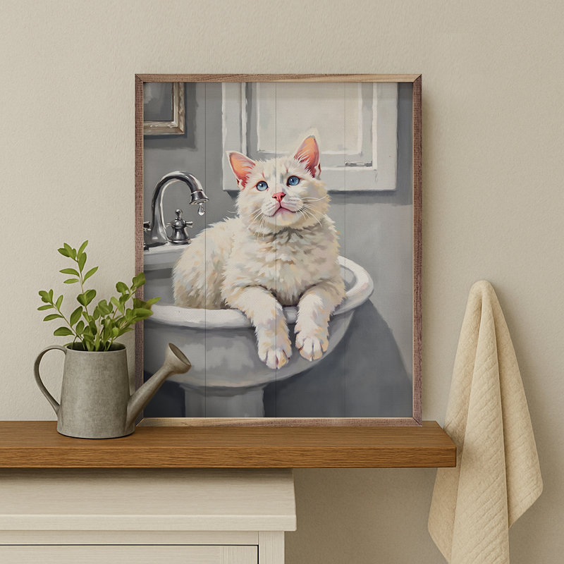 Chat blanc dans l'évier, H 10 po x l 8 po