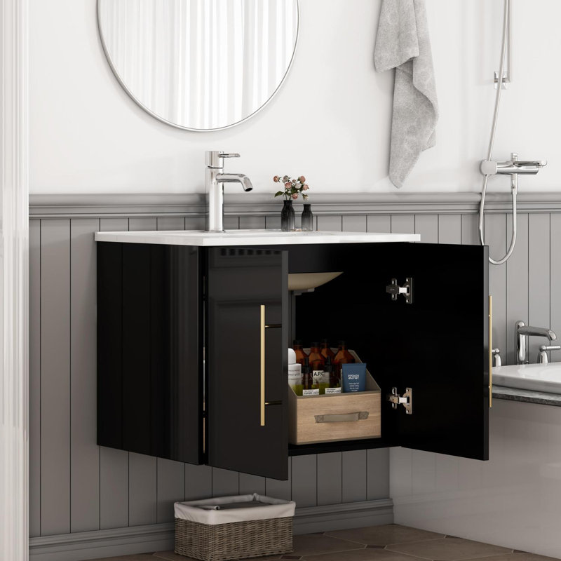 Wall-Mounted Double Door Vanity with Ceramic Basin, Black