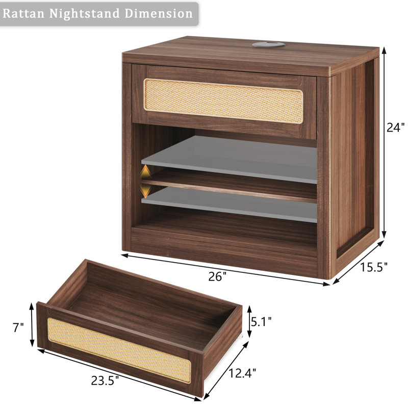 26" W Rattan Nightstand With Wireless Charging