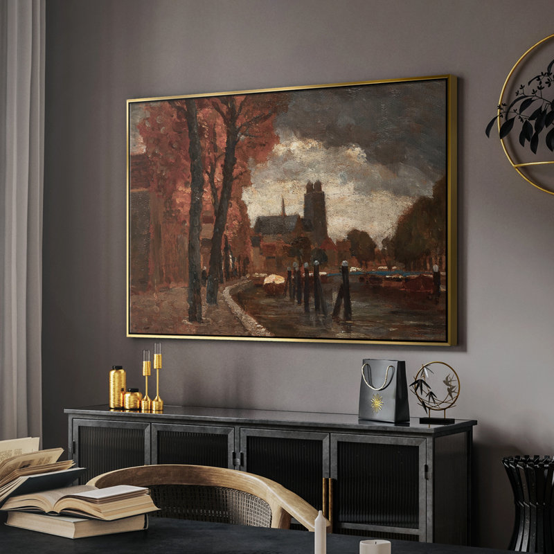 Paysage rétro - CCxxxi, Toile avec cadre flottant or, H 17 po x l 25 po x P 2 po