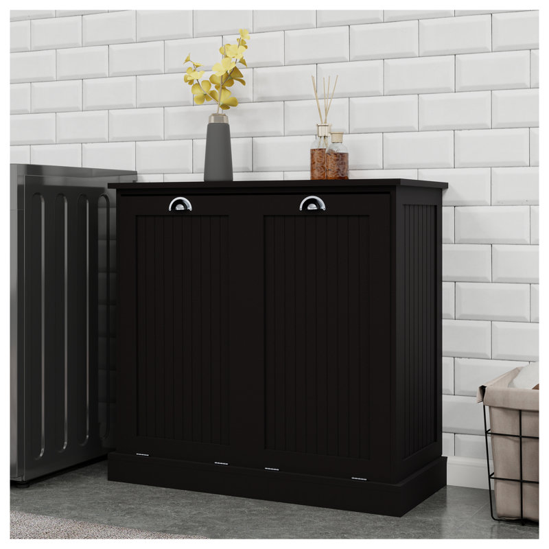 Armoire de tri à lessive noire à deux compartiments avec rangement inclinable en MDF et sacs en tissu amovibles, Noir