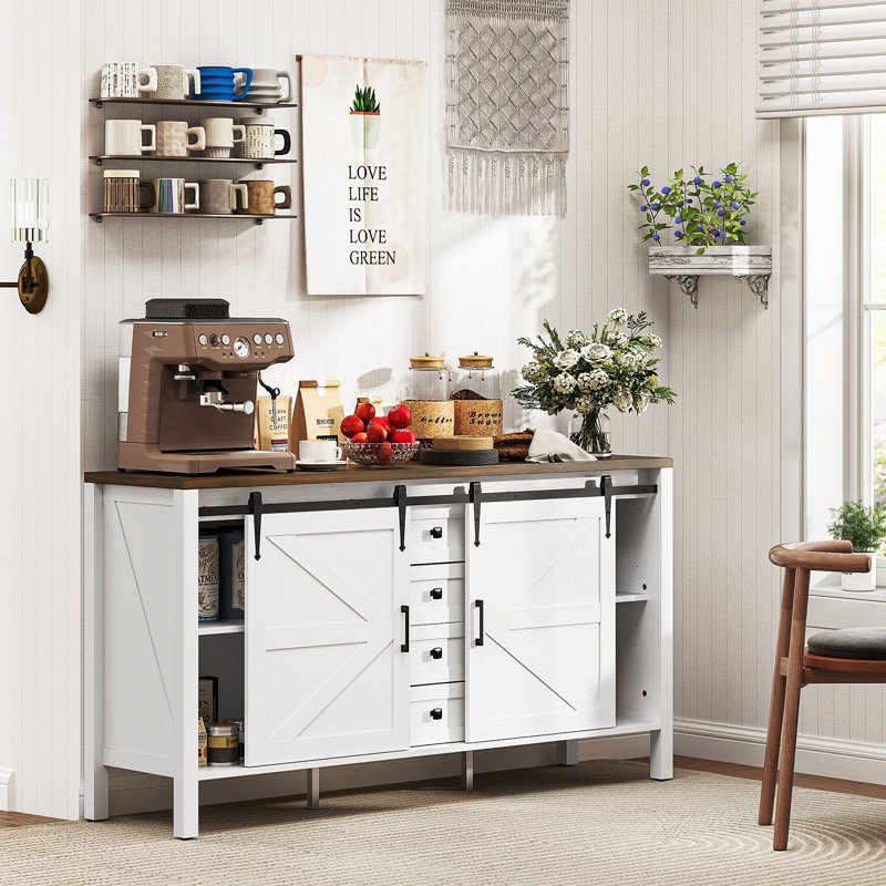 59 Inch Farmhouse Sideboard Buffet Cabinet with Thick Top, Coffee Bar Cabinet with 2 Sliding Barn Doors, 4 Drawers and 2 Adjustable Shelves for Kitchen