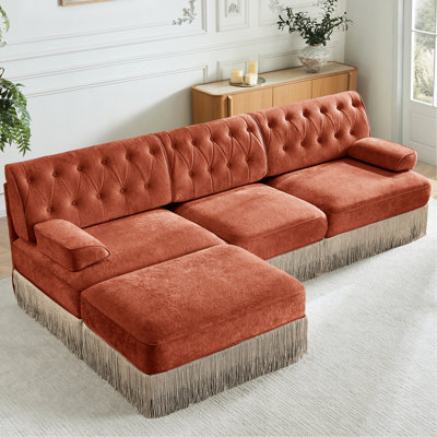 Red Brown 3 - Seater Velvet With Tassel Skirt, Fleece Fabric, Easy To Assemble For Living Sectional Fleece,